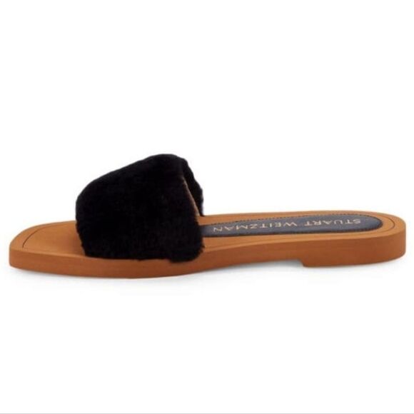 New STUART WEITZMAN Cammy Shearling Slides furry black flip flops 8.5 - Picture 3 of 5